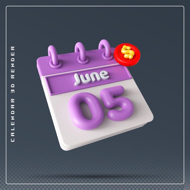 PSD 5. juni-kalender mit dollar-symbol 3d-rendering