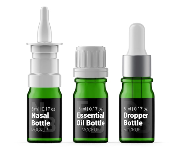 5 ml frascos de vidro verde spray nasal óleo essencial e maquete de frasco conta-gotas