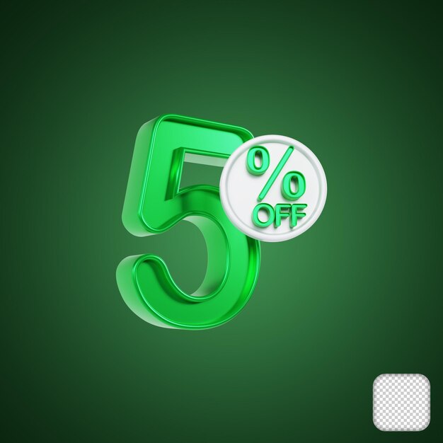 5 Porcentaje de descuento en la venta Ilustración 3D de color verde