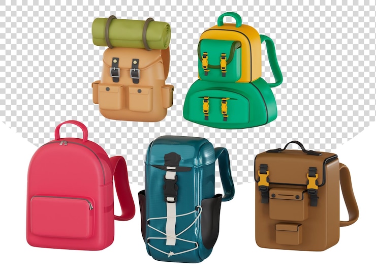 PSD 5 tipos de mochilas de viaje 3d render ilustración