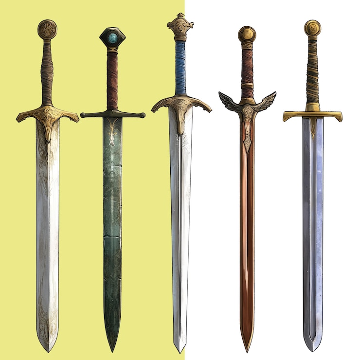 PSD 5 verschiedene mittelalterliche schwerter weißer hintergrundtransparenter alpha-hintergrund png