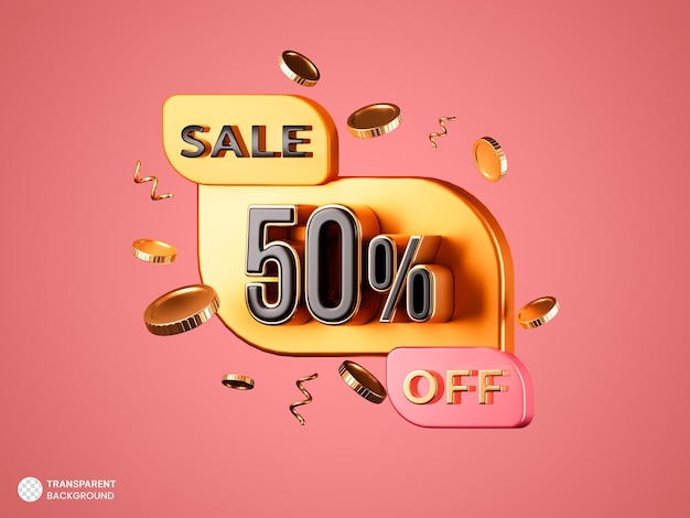 50 por ciento de descuento en banner de venta 3d