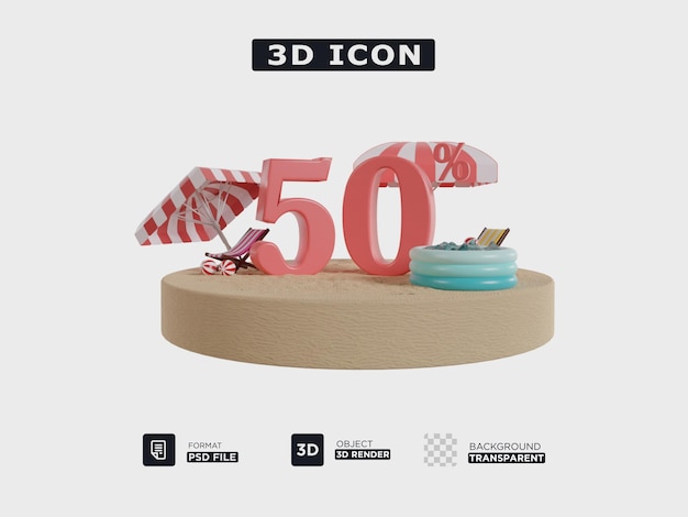 PSD 50 por ciento de descuento concepto de venta de verano con equipo de playa en 3d ilustración psd premium