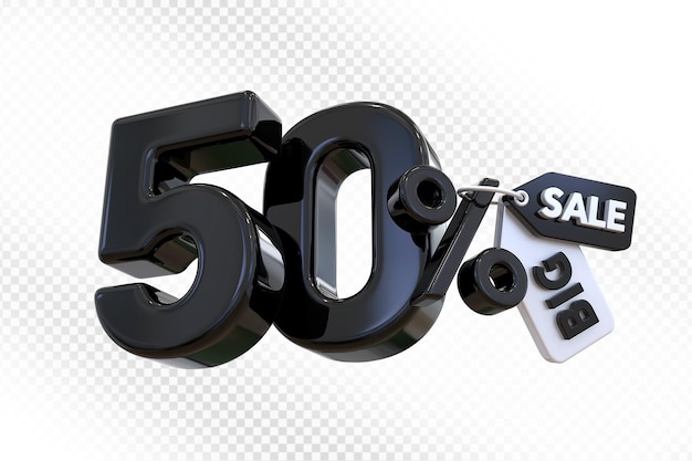 50 por ciento de descuento con la etiqueta de venta grande renderizado en 3D