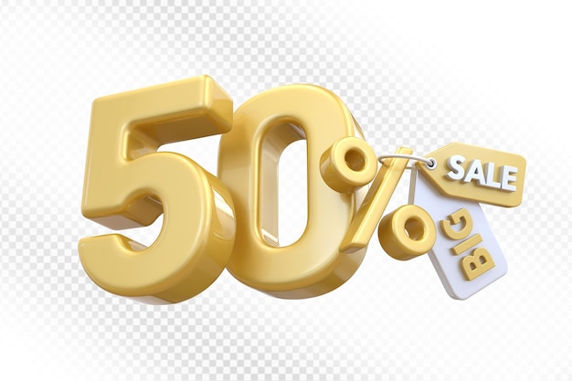 50 por ciento de descuento en oro con una gran etiqueta de venta 3D