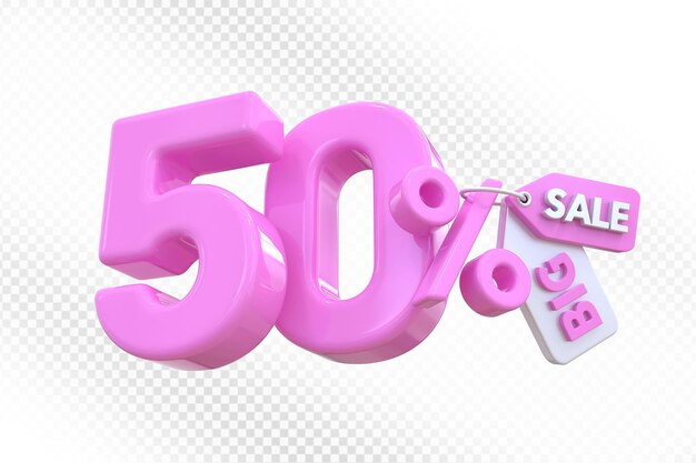 50 por ciento de descuento en rosa con una gran etiqueta de venta 3D