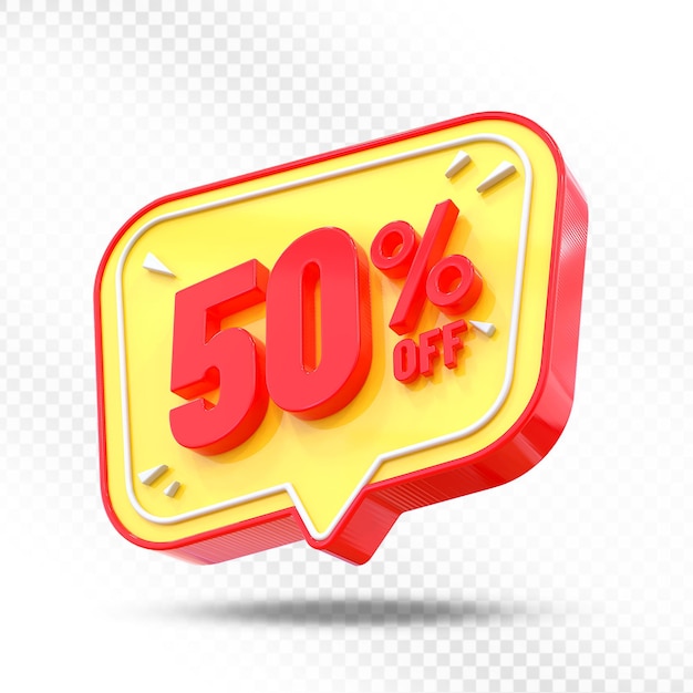 50 por ciento de descuento en la venta Promoción de etiquetas Renderizado en 3D
