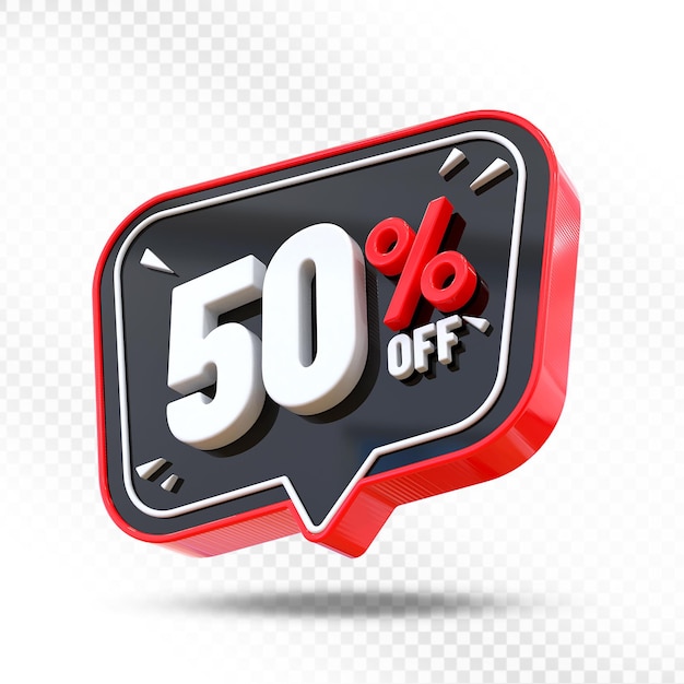 50 por ciento de descuento en la venta Promoción de etiquetas Renderizado en 3D