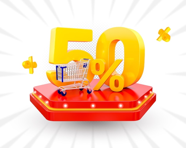 50 por cento com carrinho de compras na renderização 3d do pódio hexágono
