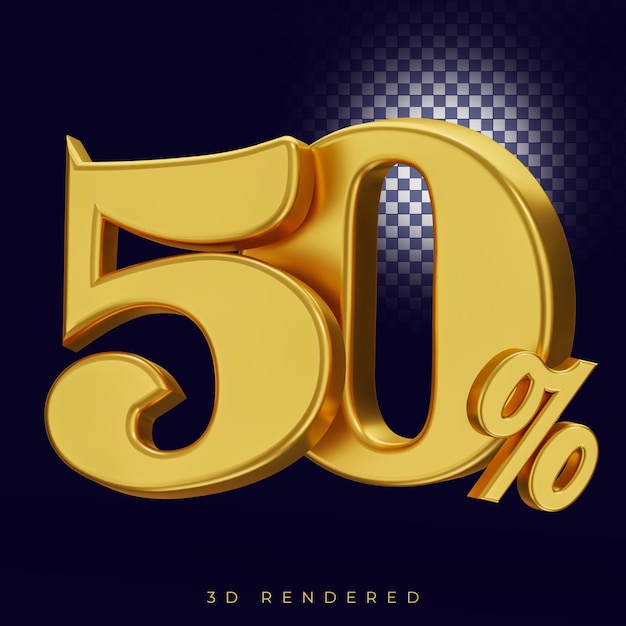 50 pour cent de texte de rendu 3d isolé en métal doré avec fond alpha
