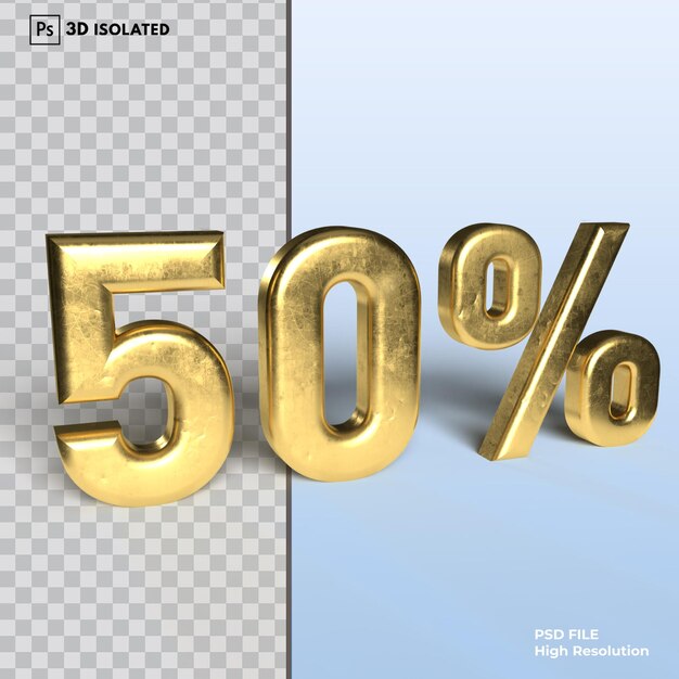 50 Zahlenrabatt Prozent 3D-Rendering isoliert auf transparentem Hintergrund Psd