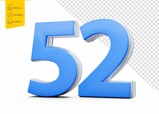52 dígito azul cincuenta y dos número con brillo metálico elegante en fondo blanco Ilustración 3d