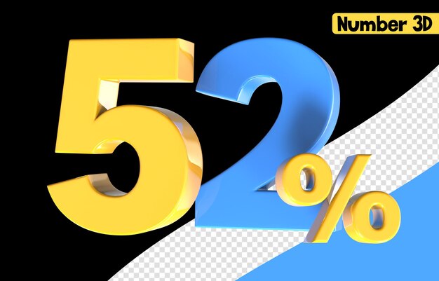 52 Numero giallo con rendering 3d blu