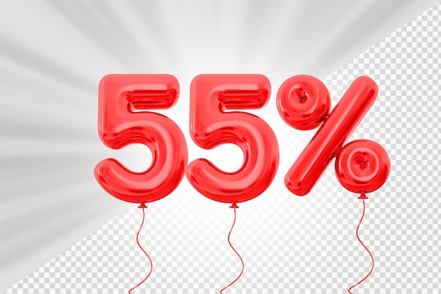 55 por ciento globo rojo con oferta roja en 3d