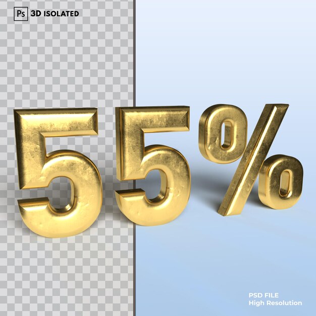 55 Zahlenrabatt Prozent 3D-Rendering isoliert auf transparentem Hintergrund Psd
