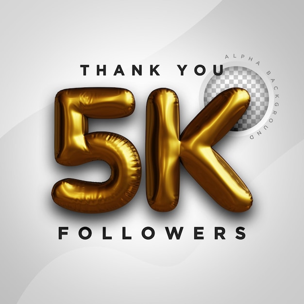 PSD 5k follower celebration golden balloon rendu 3d fond alpha psd