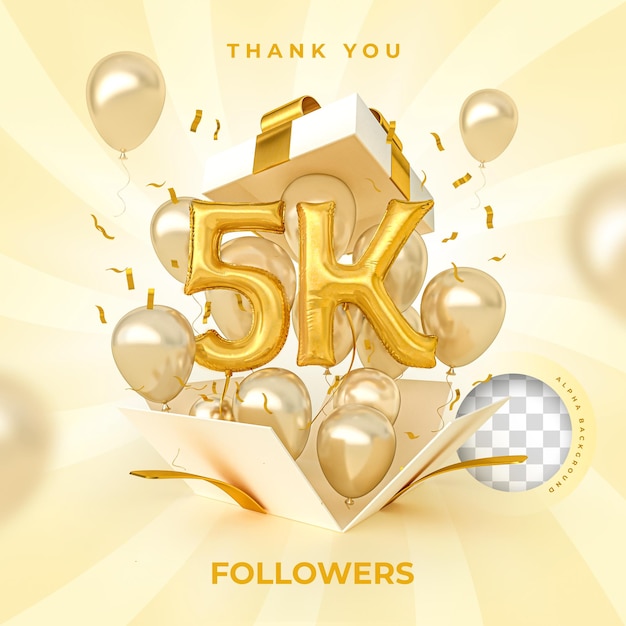 5k seguidores con números globos 3d render