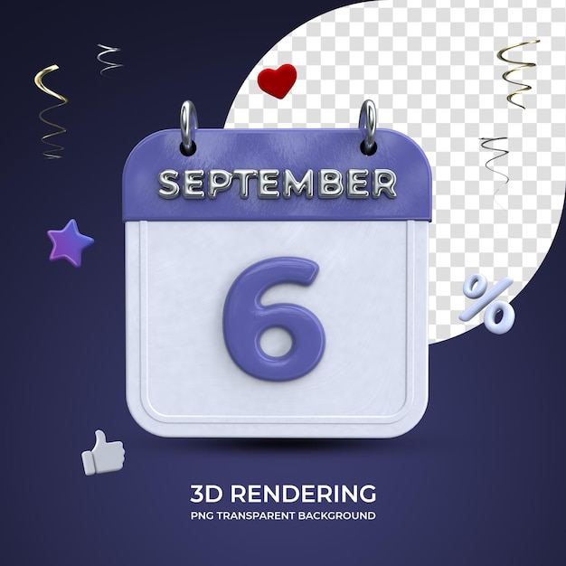 PSD 6 de setembro calendário 3d renderização isolado fundo transparente