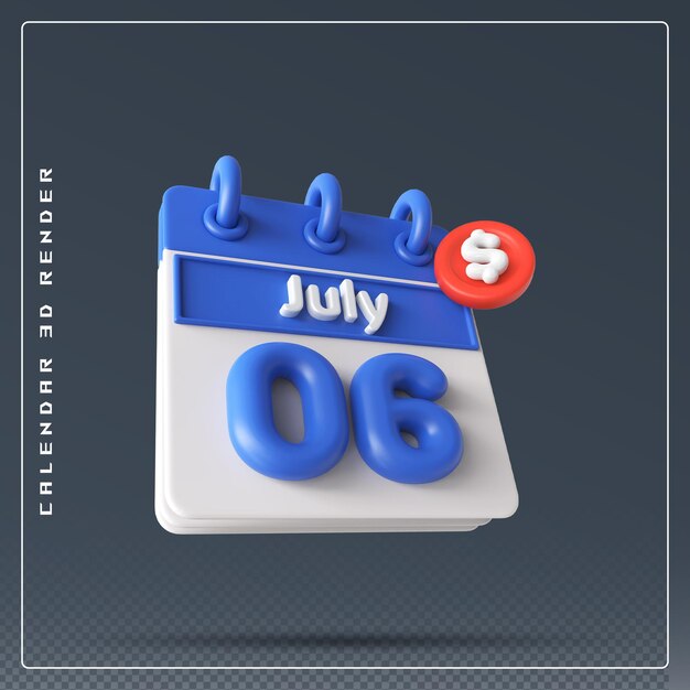6. Juli-Kalender mit Dollar-Symbol 3D-Rendering