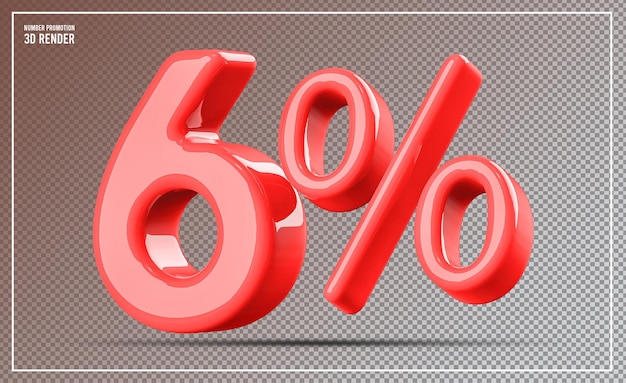 6 Prozent Rabatt auf rote glänzende 3D-Render-Nummer für Werbung und Verkauf
