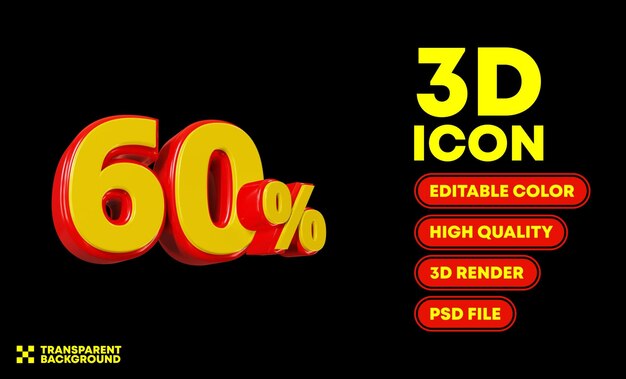 60 por ciento de descuento 3d renderizado icono texto color editable alta calidad