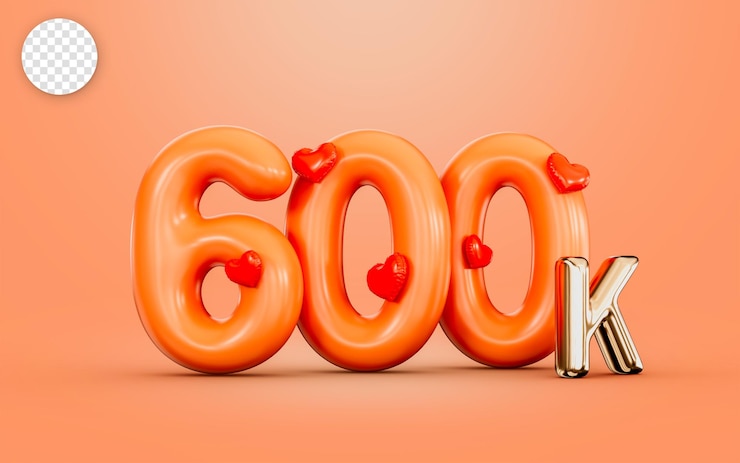 PSD 600k seguidor celebración número de color naranja con icono de amor 3d render concepto para banner social