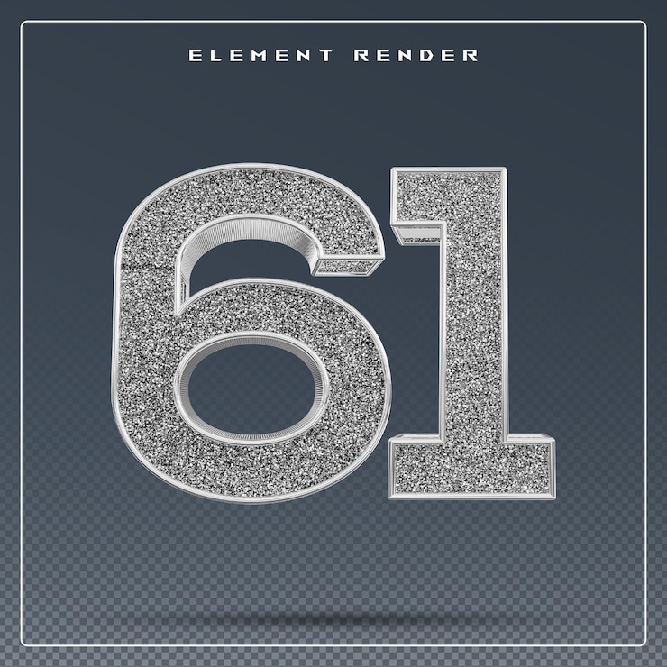 PSD 61 number silver glitter 3d render