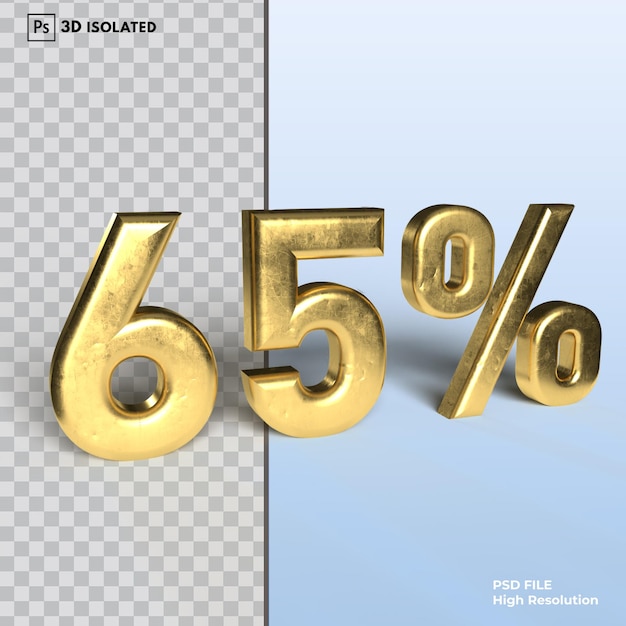65Zahl Rabatt Prozent 3D-Rendering isoliert auf transparentem Hintergrund Psd