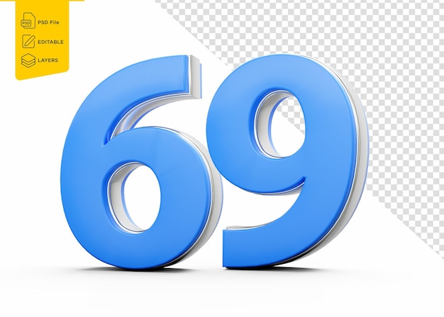 69 Número de 69 dígitos azuis com brilho metálico elegante em fundo branco Ilustração 3D