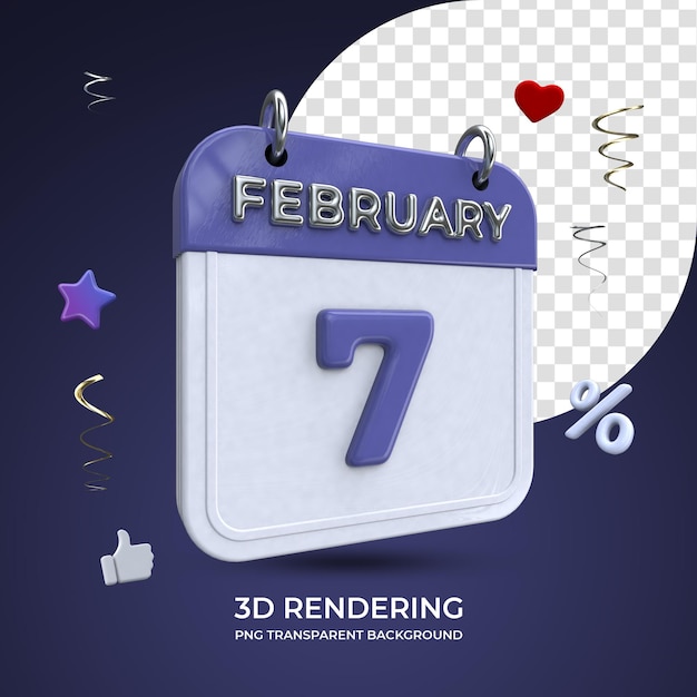 PSD 7 de fevereiro calendário 3d renderização isolado fundo transparente