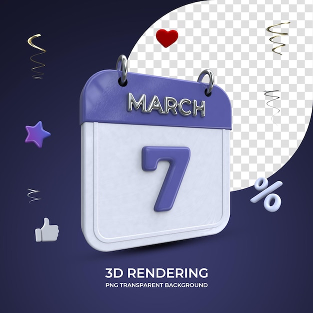 7. märz kalender 3d-rendering isolierter transparenter hintergrund