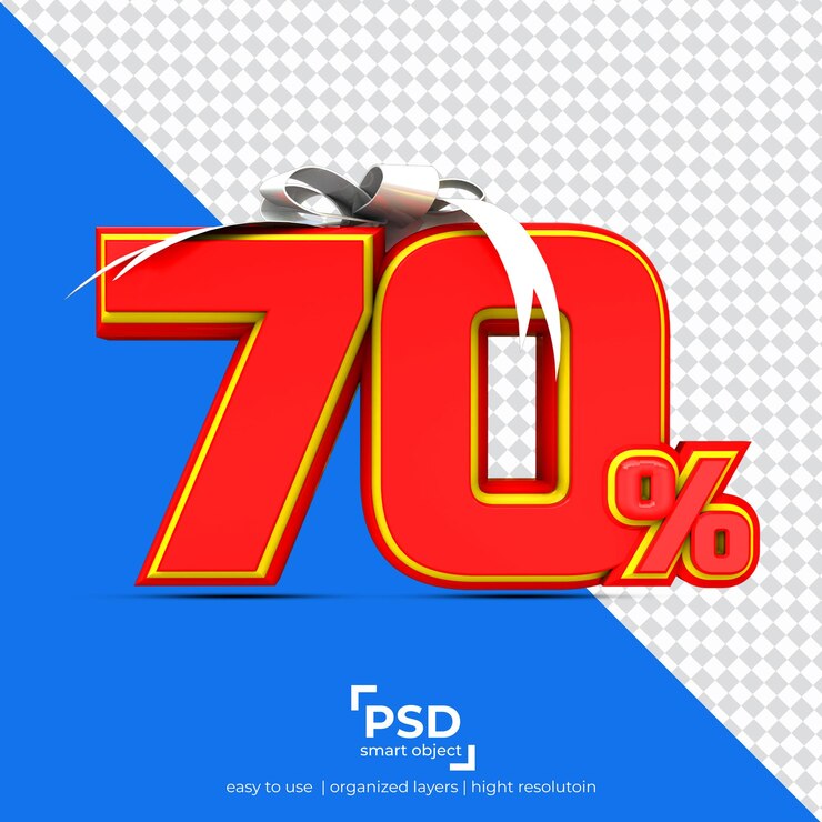 PSD 70 por ciento de descuento con cinta en la parte superior mejor renderizado 3d aislado