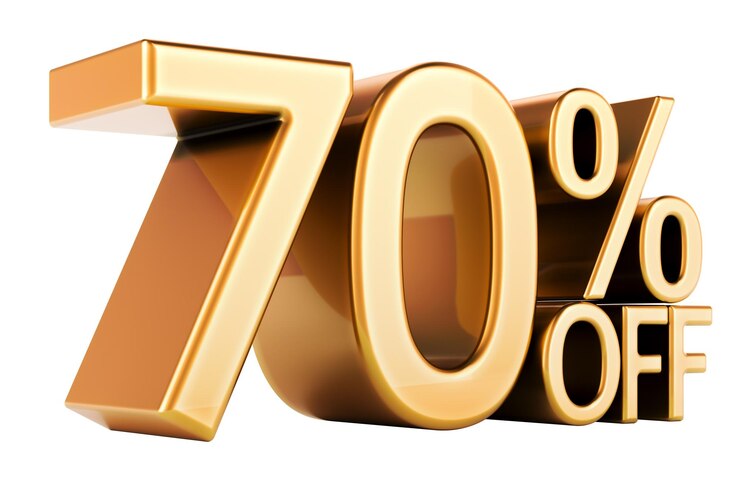 PSD 70 por ciento de descuento golden 70 por cien de descuento en texto concepto de descuento y venta rendering 3d