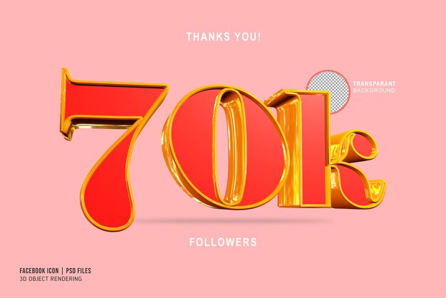 70k Seguidores Número 3D de oro rojo