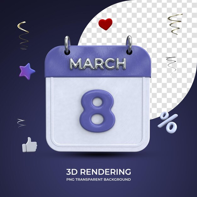 8 de março calendário 3d renderizando fundo transparente isolado