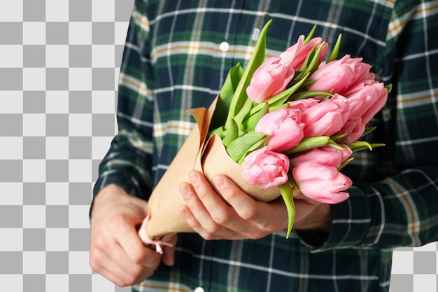 8. März, der Internationale Frauentag, Mann in einem Karussellhemd mit einem Blumenstrauß rosa Tulpen auf weißem Hintergrund PNG