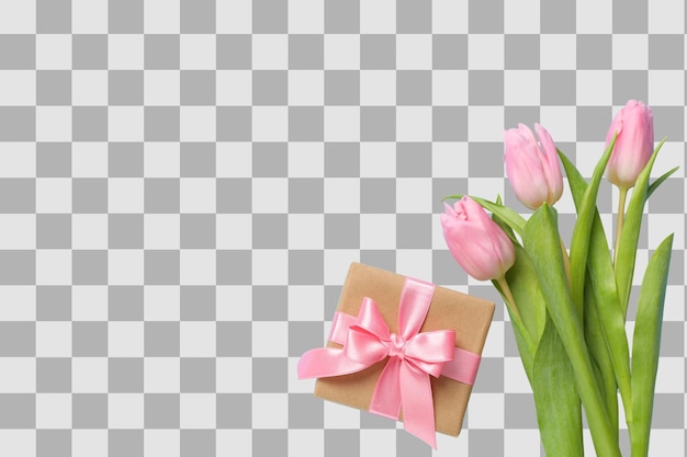 8. März - Internationaler Frauentag: Blumenstrauß aus rosa Tulpen und eine Schachtel mit einem Geschenkplatz für Text isolierte auf weißem Hintergrund PNG