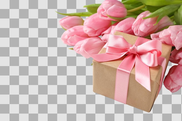 8 März, Internationaler Frauentag, Blumenstrauß mit rosa Tulpen und eine Schachtel mit einem Geschenksraum für Text, isoliert auf weißem Hintergrund, PNG