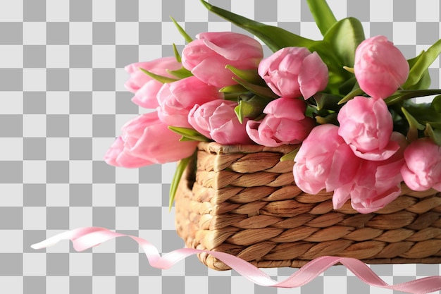 8 de marzo Día Internacional de la Mujer tulipanes rosados en una canasta de mimbre espacio para el texto aislado en fondo blanco PNG