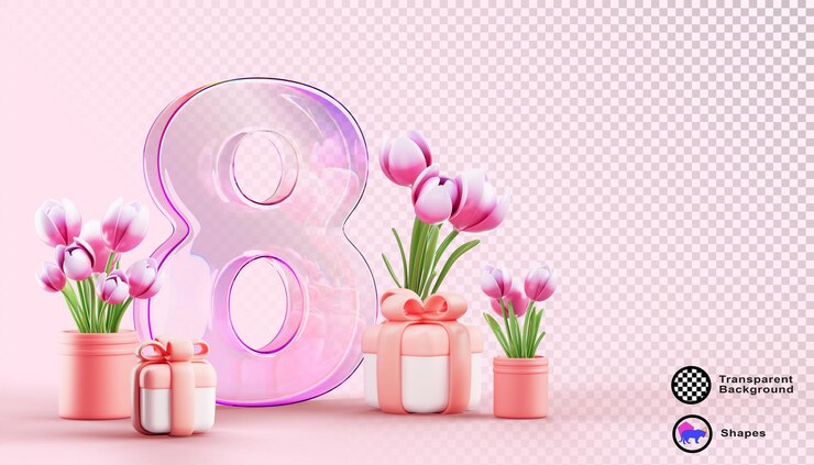 PSD 8 de marzo fondo rosa con gradiente holográfico de vidrio transparente número ocho tulipán de primavera en caja de regalo de florero 3d render día internacional de la mujer cartel de felicitación de vacaciones