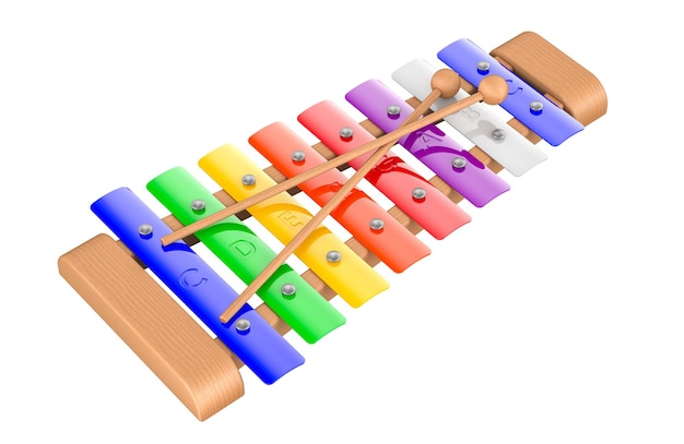 8 Note Xilofono in legno per bambini con barre metalliche multicolori rendering 3D isolato su sfondo trasparente