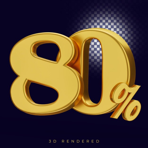 80 por ciento de texto de renderizado 3d aislado metal dorado con fondo alfa