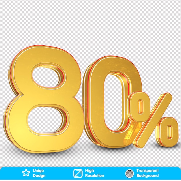 80 Rabatt im Angebot. Goldprozentsatz lokalisiert auf PNG-Hintergrund. 3D-Rendering. Illustration für Werbung