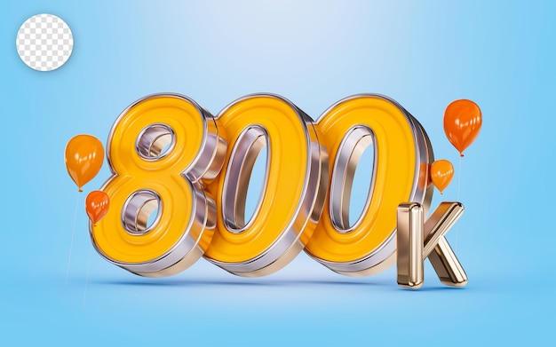 PSD 800k seguidores celebración banner de redes sociales con globo naranja fondo azul concepto de renderizado 3d