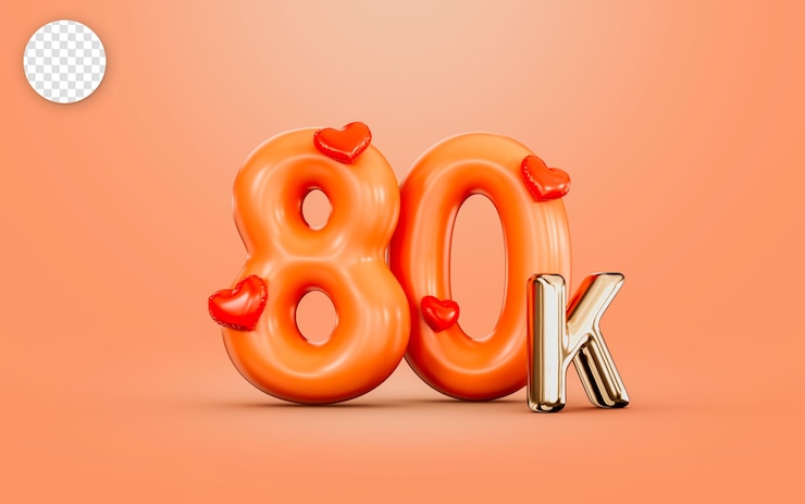 PSD 80k seguace celebrazione numero di colore arancione con icona di amore concetto di rendering 3d per banner sociale