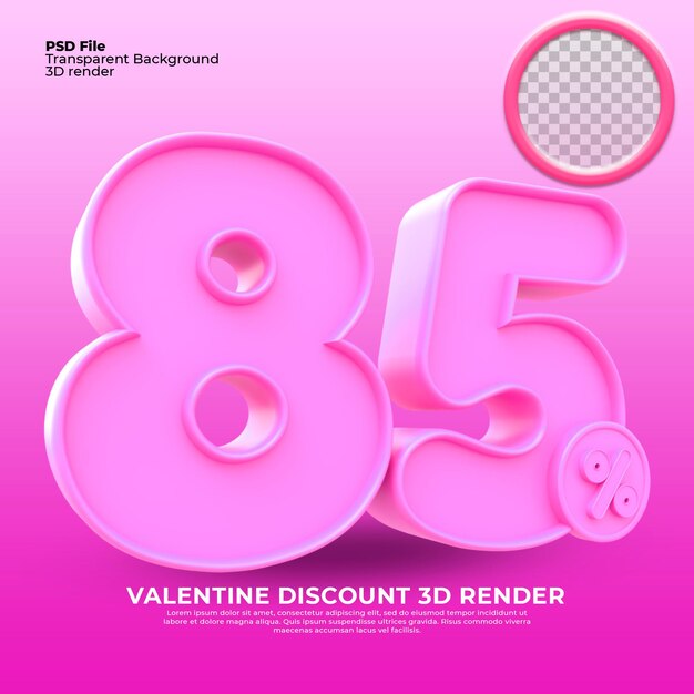 85 porcentaje de venta del día de san valentín 3d render color rosa
