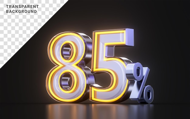 85-prozentiges rabattangebotssymbol mit leuchtendem metallneonlicht auf dunklem hintergrund 3d-illustration