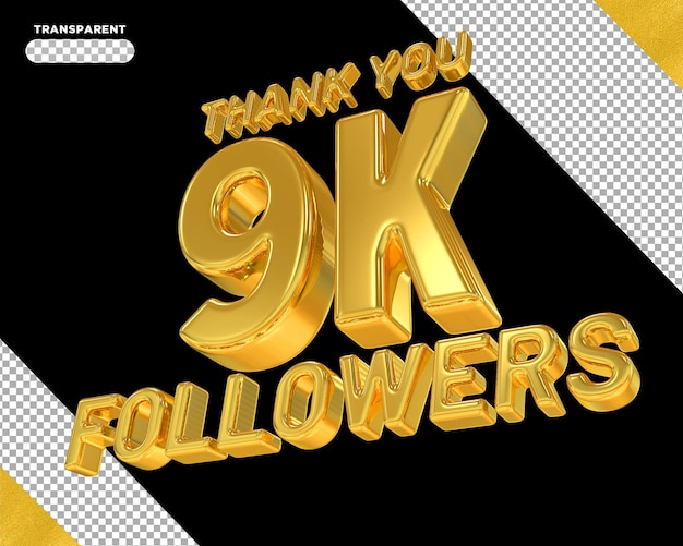 9.000 follower mit zahlen gold 3d-rendering