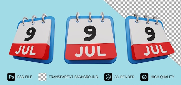 9. juli kalender 3d render isoliert premium psd