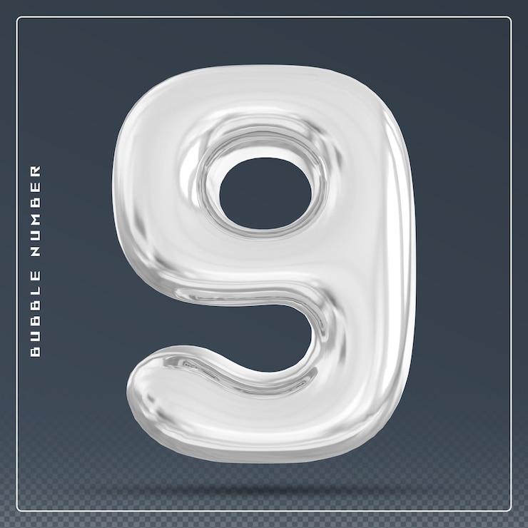 PSD 9 números burbuja de plata 3d renderizado
